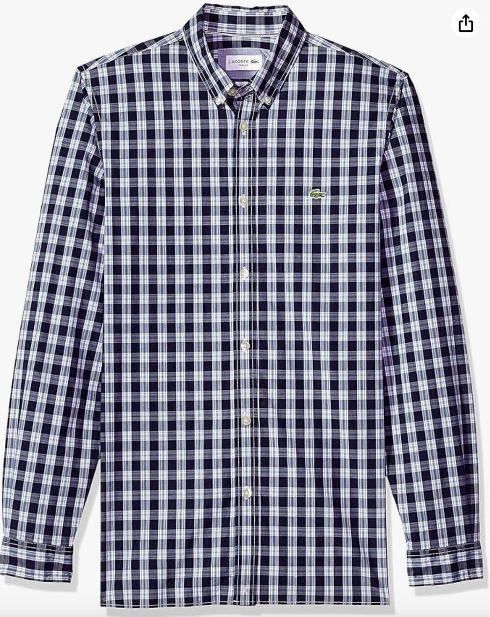 LACOSTE Blue White Gingham Plaid Slim Fit Stretch Shirt Long Sleeve CH5818 XL